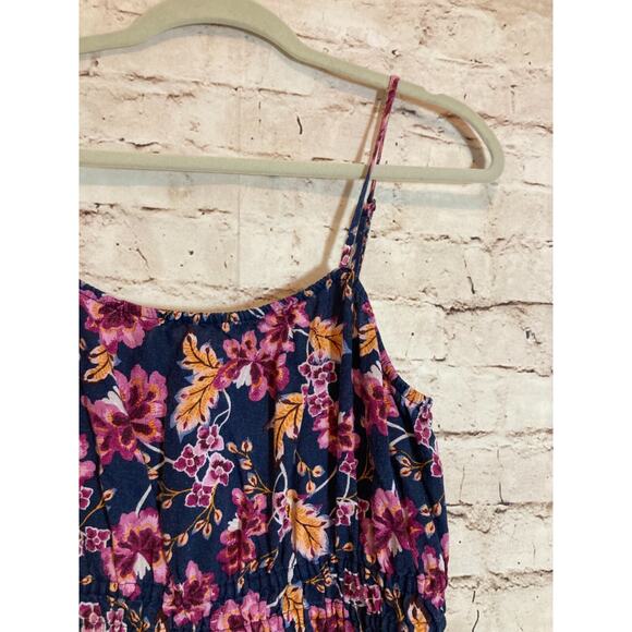Old Navy Linen Midi Dress Womens Medium Navy & Purple Floral Babydoll Tiered - Picture 8 of 15